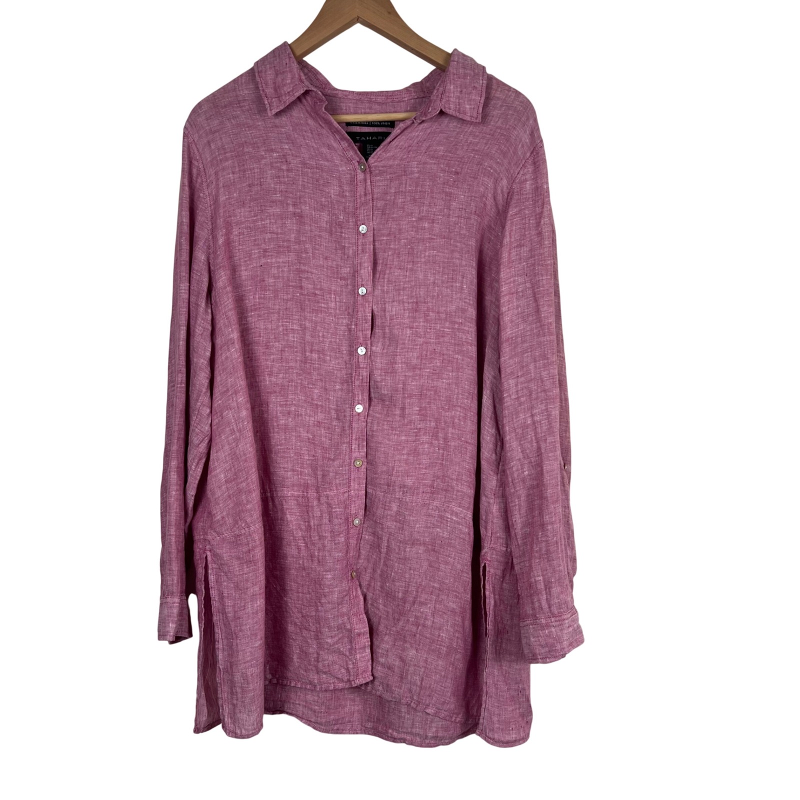 Tahari Essentials Womens Xl Rose Pink 100% Linen Roll Tab Sleeve Tunic Shirt